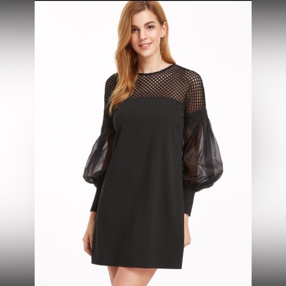 Black Eyelet Mesh Shoulder W/Sheer Sleeves Dress - Picture 3 of 8
